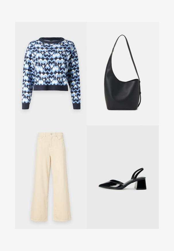 Navy blue sweater featuring a pattern of interlocking hearts in light blue and white, cropped style with a crew neck and ribbed cuffs.; Beige wide-leg jeans made of cotton. Features a button closure, belt loops, and front pockets with a smooth, soft texture.; Black patent leather slingback heels with a pointed toe and a geometric block heel. Features a sleek, minimal design and smooth texture.; Black leather hobo bag with a smooth texture, curved shape, and single adjustable strap; features a wide opening at the top.