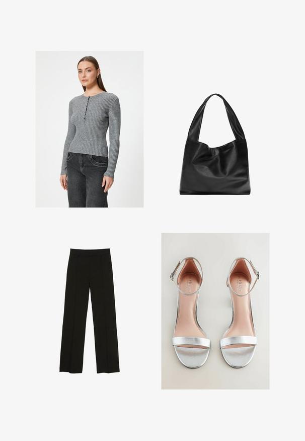 Grauer, gerippter Strickpullover mit Rundhalsausschnitt und Knopfdetails, langärmlig und mit taillierter Passform. Kombiniert mit dunklen Jeans.; Schwarze weit geschnittene Hosen aus glattem Stoff, ausgestattet mit einem taillierten Bund und dezenten vorderen Falten für zusätzliche Struktur.; Silberne High-Heel-Sandalen mit metallischem Finish, schlankem Knöchelriemen und breiter vorderer Band. Leicht gepolsterte Fußbett mit Markenlogo.; Schwarze Leder-Tote mit einem weichen, lässigen Design, breiten Griffen und einer glatten Textur. Keine sichtbaren Beschläge oder Verzierungen.