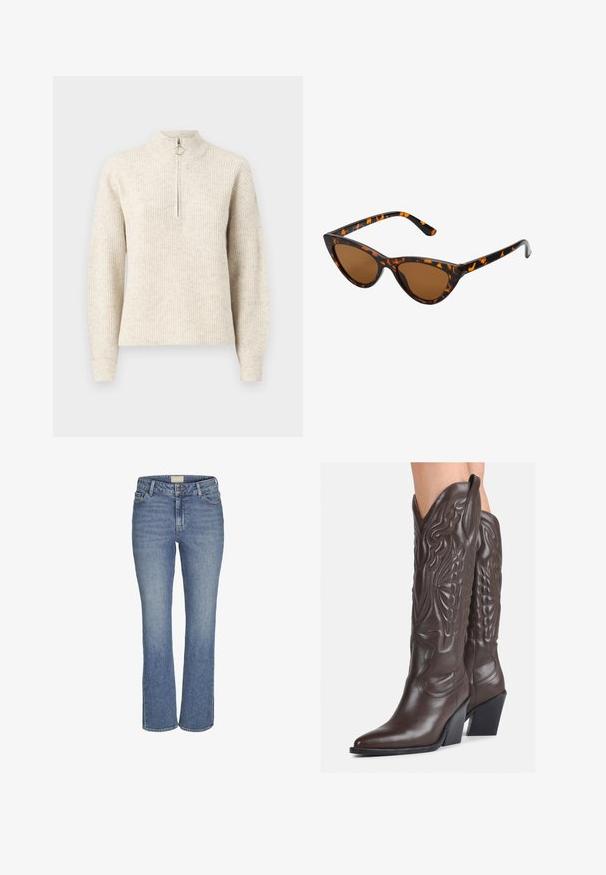 Light beige ribbed sweater with a high collar, quarter zip closure, and long sleeves. Soft texture with a subtle pattern.; Mid-blue straight-leg denim jeans with front button and zipper closure, belt loops, and front and back pockets.; Brown leather cowboy boots with pointed toe and block heel, featuring detailed stitching and raised accents on the shaft.; Cat-eye sunglasses with a black and orange tortoiseshell frame, brown lenses, and sleek, pointed tips. Features a minimal logo on the temple.; Small cream handbag with a textured finish, a long adjustable strap, a chain accent, and a flap closure. Gold hardware detailing.