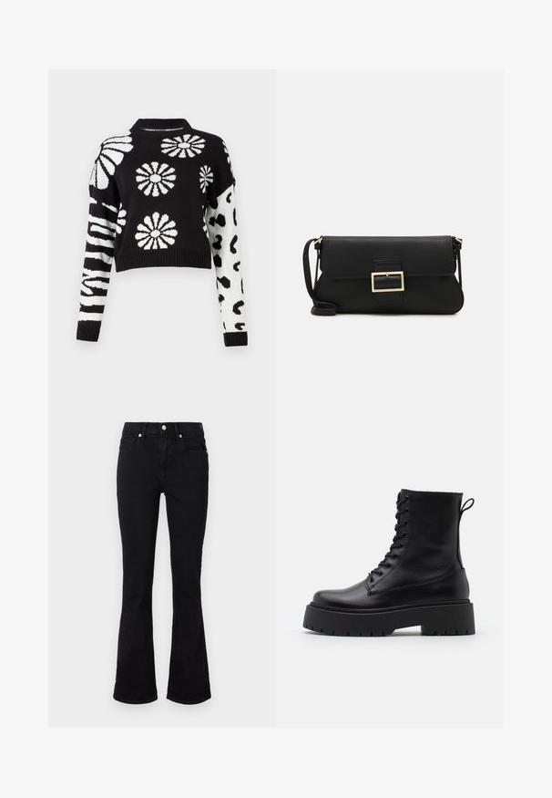 Černobílý zkrácený svetr s květinovými a zvířecími vzory, s vroubkovanými manžetami a límcem, vyrobený z jemného pleteného materiálu.; Černé rozšířené džíny vyrobené z denimu, s mírně vyvýšeným pasem, předními kapsami a uzavíráním na knoflík. Hladká textura s minimem švů.; Černé kožené kotníkové boty s kulatou špičkou, šněrováním na přední straně a silnou gumovou podešví s texturovaným vzorkem. S poutkem vzadu.; Černá kožená psaníčko s klopou a zlatým kovovým detailním sponou. Součástí je černý popruh a elegantní, minimalistický design.