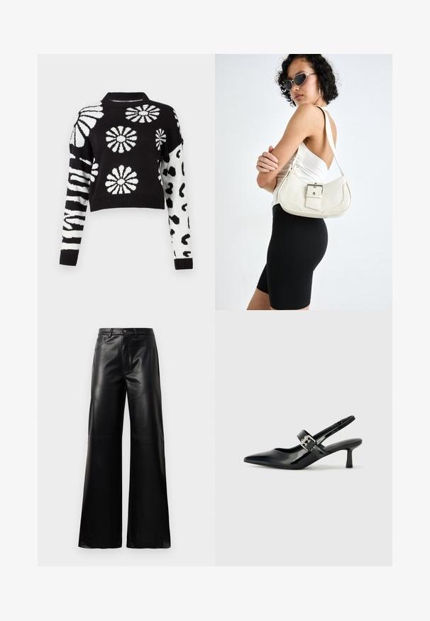 Black and white cropped sweater featuring floral and animal patterns, with ribbed cuffs and neck, made from a soft knit material.; Black high-waist wide-leg faux leather pants with front button, zip closure, belt loops, and side pockets on white background.; Black patent leather slingback heels with a pointed toe and a small block heel, featuring a silver buckle accent on the strap.; White leather handbag with a curved shape, adjustable strap, and a small buckle detail. Model wears a fitted black outfit.