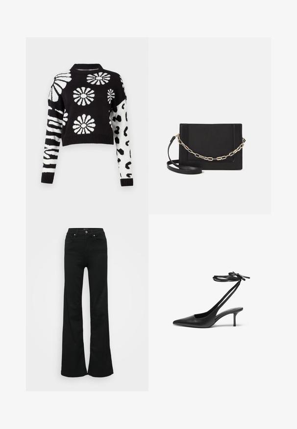 Pull en noir et blanc à coupe courte, orné de motifs floraux et animaliers, avec des poignets et un col côtelés, fabriqué à partir d'un matériau tricoté doux.; Jean noir évasé en denim, doté d'une taille haute, de cinq poches et d'une fermeture à bouton en métal. Texture lisse avec un minimum de détails.; Escarpin noir en cuir avec un bout pointu, un dos ouvert et des brides à la cheville nouées en nœud. Talon fin de 3 pouces. Texture lisse, design minimaliste.; Sac bandoulière en cuir noir avec une texture lisse, de forme rectangulaire et un détail en chaîne métallique à l'avant. Sangle réglable incluse.