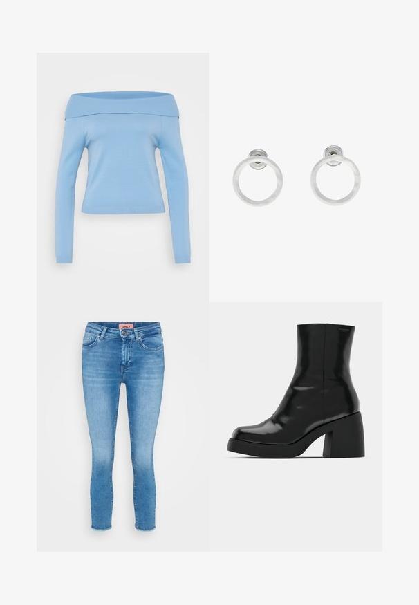 Gaiši zila, bez plecu, garo piedurkņu blūze ar ribotu apkakli un aprocēm, pieguļošs dizains un gluda, viegla auduma.; Trīs garām piedurknēm apgrieztas blūzes, sakrautas, krāsās balta, bēša un blāvi tumši zila, ar apaļiem kakla izgriezumiem, uz gaiši pelēka fona.; Gaiši zili džinsi ar ciešu piegriezumu, vidēja augstuma vidukli, piecu kabatu dizainu un neapstrādātu apakšmalu pie potītēm. Zīmola marķējums redzams vidukļa apgabalā.; Melnas potītes zābaku ar spīdīgu apdari, kvadrātveida pirkstu un biezu bloku papēdi. Dizainā ir bezšuvju siluets un minimāla zīmola identitāte.; Sudraba metāla gredzenveida auskari ar matētu faktūru, ar apaļu dizainu un caurspīdīgu aizdari, lai nodrošinātu drošu valkāšanu.