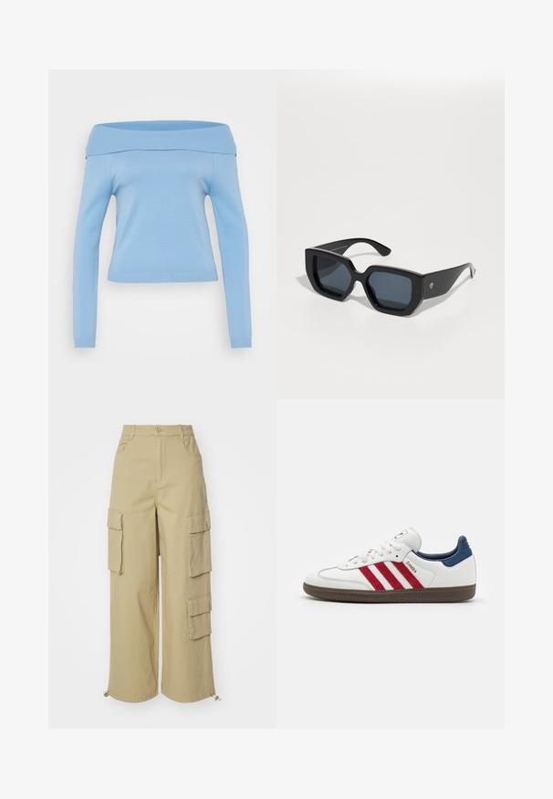 Jasnoniebieska bluzka z odkrytymi ramionami, długim rękawem, o żebrowanym wykończeniu przy dekolcie i mankietach, dopasowany krój i gładki, lekki materiał.; Beżowe spodnie cargo z szerokimi nogawkami, dwoma dużymi bocznymi kieszeniami, kieszeniami z przodu oraz szczegółem ze sznurkiem na dole. Materiał z blendu bawełnianego.; Białe sneakersy z czerwonymi zamszowymi paskami, niebieskim zamszowym akcentem na pięcie oraz teksturowaną brązową gumową podeszwą. Posiadają sznurowane zapięcie i logo.; Czarne, oversize okulary przeciwsłoneczne o geometrycznym wzorze, prostokątne soczewki i błyszczące wykończenie. Brak widocznych oznaczeń na przedniej części.; Złote kolczyki w kształcie kółek o gładkim, błyszczącym wykończeniu. Okrągły design z małym klipsem i przezroczystym zapięciem zapewniającym bezpieczne noszenie.