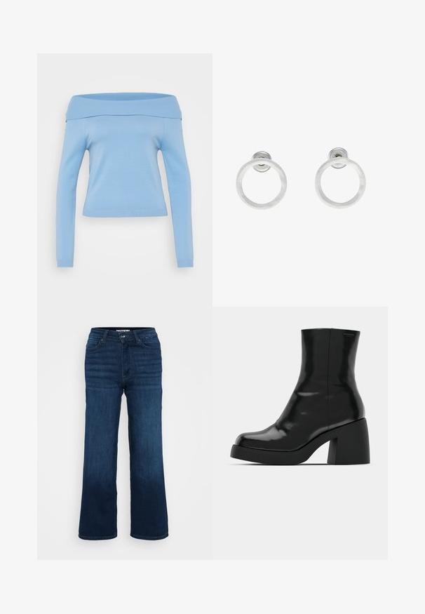 Helles blaues, schulterfreies Langarmoberteil mit geripptem Ausschnitt und Bündchen, taillierte Passform und glattes, leichtes Material.; ONLY Petite ONLMADISON BLUSH WIDE - Wide Leg - dark blue denim; Schwarze Stiefeletten mit glänzender Oberfläche, quadratischer Zehenpartie und dicker Blockabsatz. Das Design zeichnet sich durch eine nahtlose Silhouette und minimalistische Markenkennzeichnung aus.; Silberne Metall-Hoops Ohrringe mit gebürsteter Oberfläche, die ein kreisförmiges Design aufweisen und mit einem klaren Steckverschluss für einen sicheren Halt ausgestattet sind.