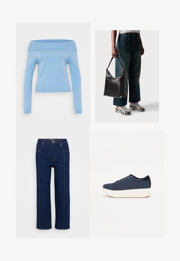 Šviesiai mėlynas, be petnešų ilgomis rankovėmis viršus su lanksčiu apykakle ir rankogaliais, prigludusi konstrukcija ir švelni, lengva medžiaga.; Tamsiai mėlynos tiesaus silueto džinsai su mygtukų užsegimu, priekinėmis ir užpakalinėmis kišenėmis bei matoma oranžine siūleliu aplink siūles.; Tamsiai mėlynas sportinis batelis su tekstūruotu audiniu viršuje, baltu platformos padu, apvaliu pirštu ir juodu kulno akcentu.š. Yra šešios skylės raišteliams.; Juodas odinis peties krepšys su lygiu paviršiumi ir reguliuojama dirželiu, derinamas su nublukusiais plačiapurčiais džinsais ir sportiniais batais.