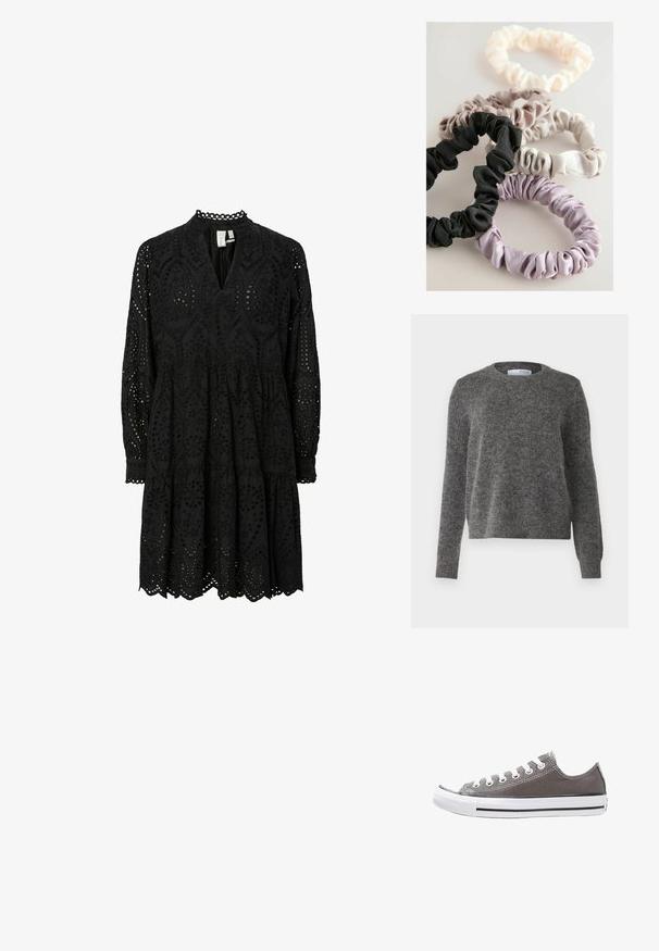Grå sweater lavet af blødt, struktureret materiale med rund halsudskæring og lange ærmer. Har ribbede manchetter og kant, i en afslappet pasform.; Sort, langærmet kjole med indviklede udskæringsmønstre, v-hals og en trylleskørt med bølget kant og broderede detaljer.; Grå lærredssneaker med hvid gummisål, sort streg og metaløjer. Har rund tå, lav overdel og tekstureret stof.; Fem satin scrunchies i sort, lys rosa, creme, grå og lavendel, med samlet tekstur og elastisk design til at sikre håret.