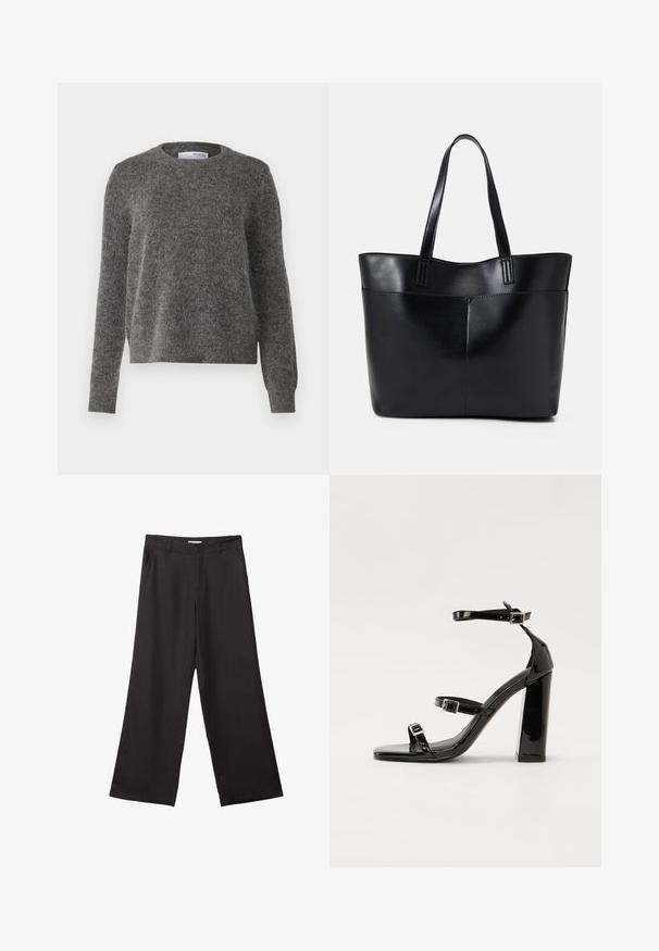 Grijze trui gemaakt van zacht, textuurmateriaal met een ronde halslijn en lange mouwen. Heeft ribgebreide boorden en zoom, in een relaxte pasvorm.; Zwarte wijde broek van gladde stof, met een ritssluiting aan de voorkant en twee zijzakken, een getailleerde pasvorm en een minimalistisch ontwerp.; Zwarte patent lederen sandalen met hoge hakken, twee gespenbanden, een vierkante neus en een stevige blokhak, met een gladde, glanzende textuur.; Zwarte leren tote bag met twee lange handvatten, een zachte textuur en een gestructureerde vorm. Voorzien van een voorvak voor extra opslagruimte.