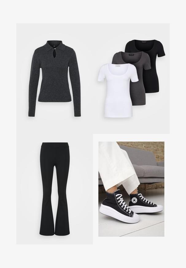 Temno siva pletena majica s ovratnikom, dolgimi rokavi in odprtino v obliki ključavnice na vidiku, ki vsebuje majhen gumb.; Tri prilegla majica v beli, sivi in črni barvi. Vsaka ima širok izrez na vratu in kratke rokave. Narejene so iz gladkega, raztegljivega materiala.; Črne hlače s širokimi hlačnicami, izdelane iz raztegljive tkanine, z visokim pasom in gladko teksturo. Hlače se širijo od kolena navzdol.; Črne platnene visoke superge z belimi gumijastimi podplati in vezalkami. Imajo krožni logotip na strani in kontrastno bele šive.