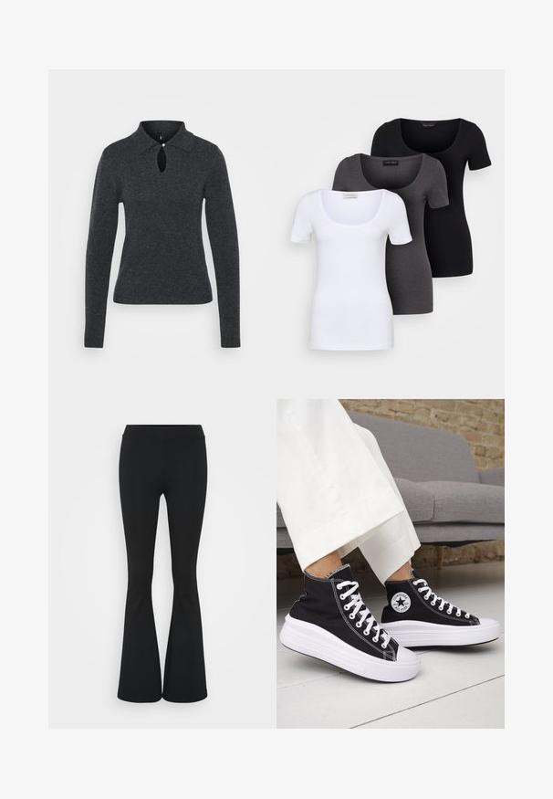Tumši pelēks adījuma džemperis ar apkakli, garām piedurknēm un atslēgas caurumu dekoltē, kas rotāts ar mazu pogu.; Trīs pieguļoši T-krekli baltā, pelēkā un melnā krāsā. Katram ir plaša izgriezuma kakla un īsas piedurknes. Izgatavoti no gluda, elastīga auduma.; Melnas izplešanās bikses, izgatavotas no elastīga auduma, ar augstu vidukli un gludu tekstūru. Bikses izvēršas no ceļa.; Melnas augstās topa kedas ar baltām gumijas zolēm un auklām. Tās ir ar apaļu logotipa uzšuvumu un kontrastējošām baltām šuvēm. Materiāls no kanvas.