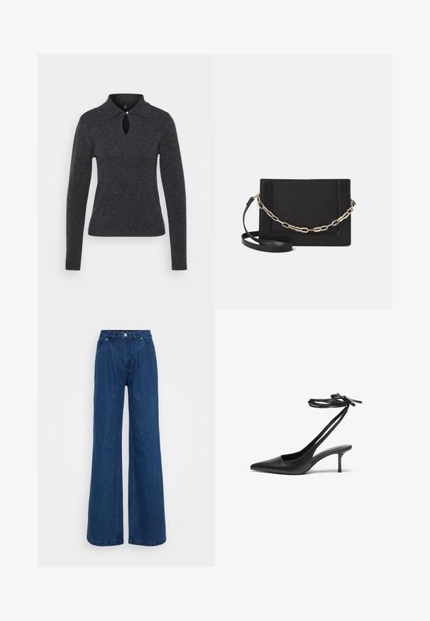 Tumehall vest, millel on krae, pikad varrukad ja aasavahe avanemine kaelaosas, sisaldab väikest nööpdetaili.; Hallise jalgadega sinised denim püksid kõrge vöökohaga, ees nupuga ja tõmbluku sulguri ning ees ja taga taskutega, lihtsa tausta ees.; Must musta stiletto kingad terava ninaga, avatud seljaosa ja pahkluu rihmadega, mis on seotud kaareks. Kitsa 3-tollise kontsaga. Sile tekstuur, minimalistlik disain.; Mustast nahast õlakott, mis omab siledat tekstuuri, ristküliku kuju ning esiküljel metallketi detaili. Reguleeritav rihm on kaasas.; Hõbedane kahekordne rõngas sujuva, poleeritud pinnaga. Omab voolavat, kõverat disaini, millel on kattuvad sektsioonid, et saavutada kaasaegne ilme.