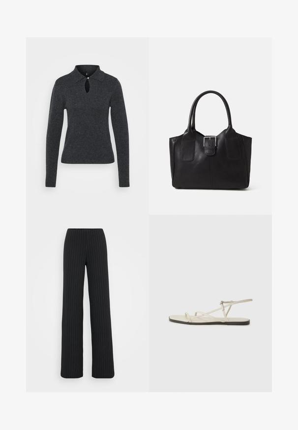 Tmavo sivý pletený sveter s golierom, dlhými rukávmi a otvorom v oblasti krku, ktorý má malý detail s gombíkom.; Vero Moda Tall VMBERLIN MY WIDE - Nohavice - obsidian/oatmeal; Béžové ploché sandále s viacerými štíhlymi popruhmi a nastaviteľnou prackou. Podrážka je plochá s jemným tmavým kontrastom na okraji.; Čierna kožená taška s hladkou textúrou, štruktúrovaným tvarom, dvoma uchami a výrazným strieborným prackovým detailom na prednej strane.