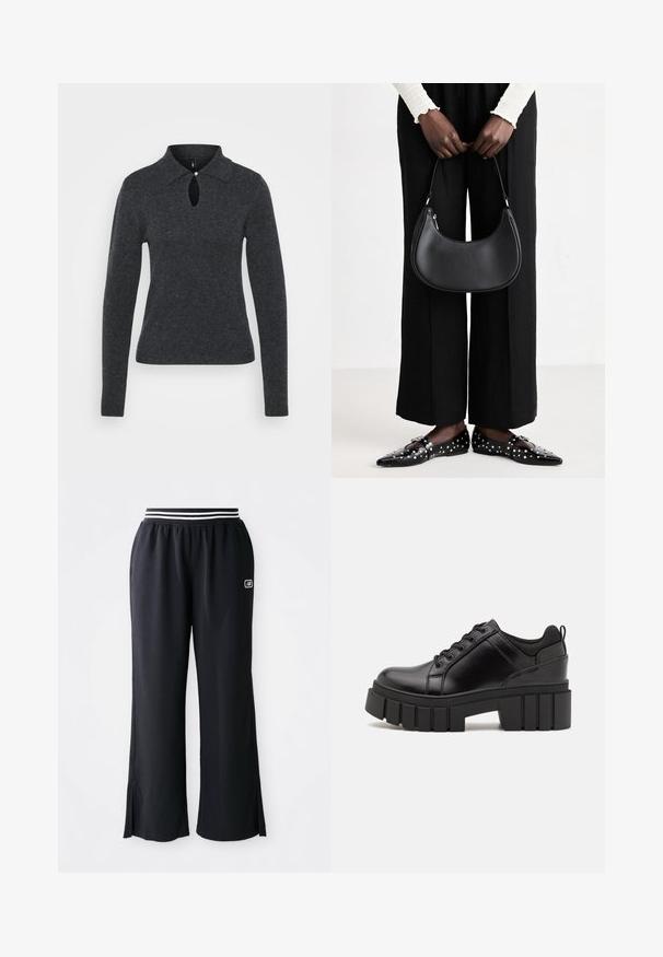 Dark gray knit sweater with a collar, long sleeves, and a keyhole opening at the neckline, featuring a small button detail.; Black athletic pants with a wide leg design, elastic waistband featuring black and white stripes, and side slits at the hem.; Black leather platform shoes with a chunky block heel, round toe, and traditional lace-up design. Features smooth texture and minimal detailing.; Black leather shoulder bag with a rounded shape, glossy finish, and silver hardware. Person wearing black wide-leg pants and studded loafers.