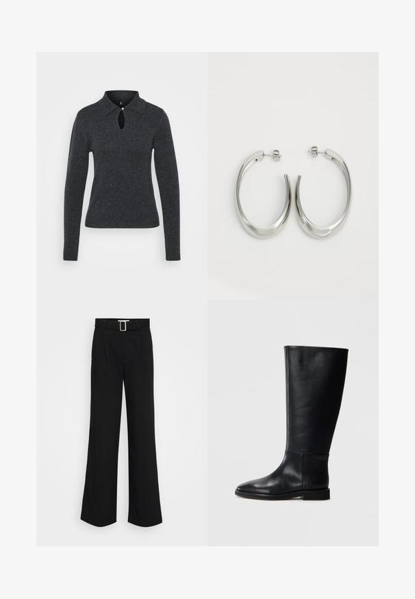 Dark gray knit sweater with a collar, long sleeves, and a keyhole opening at the neckline, featuring a small button detail.; Black wide-leg trousers made of lightweight fabric, featuring a smooth texture, front pleats, and a belt with a square metal buckle.; Black leather knee-high boot with a rounded toe, smooth texture, minimalistic design, and a flat sole. Simple seam details on the shaft.; Silver hoop earrings with a smooth, curved design. Features a shiny metallic finish and stud closure. No visible patterns or accents.