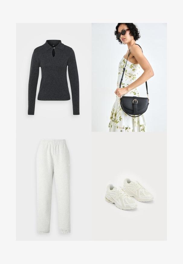 Tumši pelēks adījuma džemperis ar apkakli, garām piedurknēm un atslēgas caurumu dekoltē, kas rotāts ar mazu pogu.; Gaiši pelēkas sporta bikses ar elastīgu jostasvietu, sašaurinātām kājām un ribotām piedurknēm. Izgatavotas no mīksta, strukturēta auduma. Balts logo uz sāna.; Baltie sporta apavi ar sietveida un sintētiskiem materiāliem, ar auklām, mīkstināta apmales, un teksturētu zoli labākai saķerei. Vieglas konstrukcijas.; Melnas ādas rokassoma ar izliekta formu, noņemamu siksnu un zelta aksesuāriem. Somai ir vāciņš ar sprādzes detaļu.