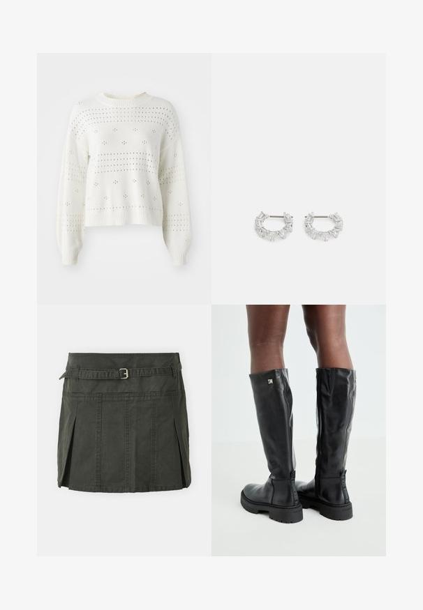 Hvit strikket genser med ballongsvarte ermer, med åpne mønstre av prikker og striper. Ribbestrikket rund hals og kant. Kuttet design.; Mørkegrønn, bomulls miniskjørt med en tettsittende midje, belte og frontfolder. Har sømdetaljer og en klassisk snitt.; Svart knelengde lærstøvler med en glatt tekstur, avrundet tå, kraftig såle og glidelås. Har sølvfarget logo på siden.; Sølv hoops øredobber med klare, rektangulære og trekantede krystaller arrangert i et mønsterdesign. Stifter for sikker feste.