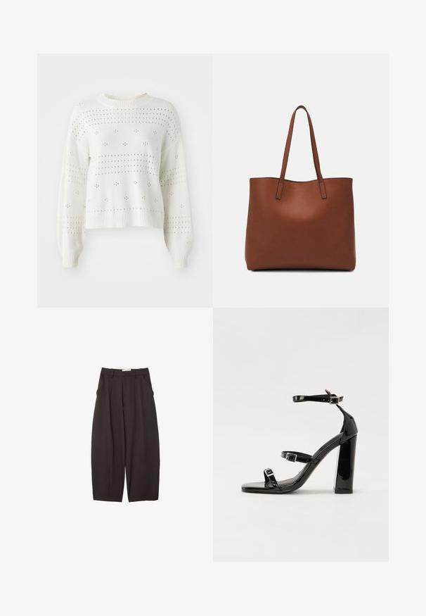 Maglione bianco lavorato a maglia con maniche a palloncino, caratterizzato da motivi a punto aperto e a righe. Collo a giro e orlo rigati. Design cropped.; Pantaloni neri a gamba larga realizzati in un tessuto morbido, con vita alta, pieghe frontali e tasche laterali. Design semplice senza decorazioni.; Sandali con tacco in vernice nera, con punta squadrata, cinturini alla caviglia e fibbie in argento. Presentano un tacco a blocco spesso per maggiore stabilità.; Borsa tote in pelle marrone con texture liscia, design con apertura superiore e due spallacci. Presenta cuciture minime e nessun hardware visibile.