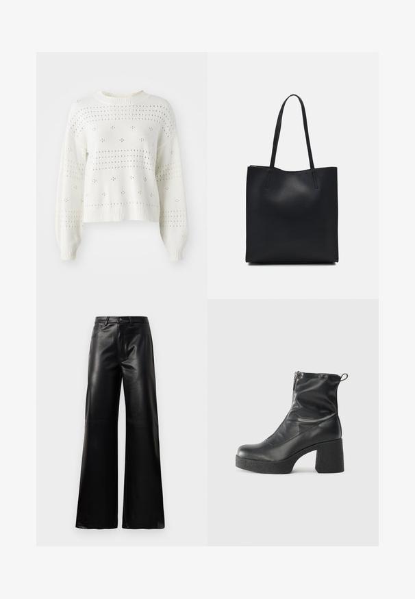 Vit stickad tröja med ballongsärmar, med öppna mönster av prickar och ränder. Ribbade avslut vid halsringning och nederkant. Kort design.; Svarta högmidjade vida byxor i konstläder med framknapp, dragkedjestängning, bältesöglor och sidofickor på vit bakgrund.; Svarta ankelstövlar i slitstark läder, med sidodragkedja, kraftig strukturerad klack och rundad tådesign.; Svart lädertoffelväska med slät textur, rektangulär form och två långa handtag. Ingen synlig hårdvara eller dekorationer.