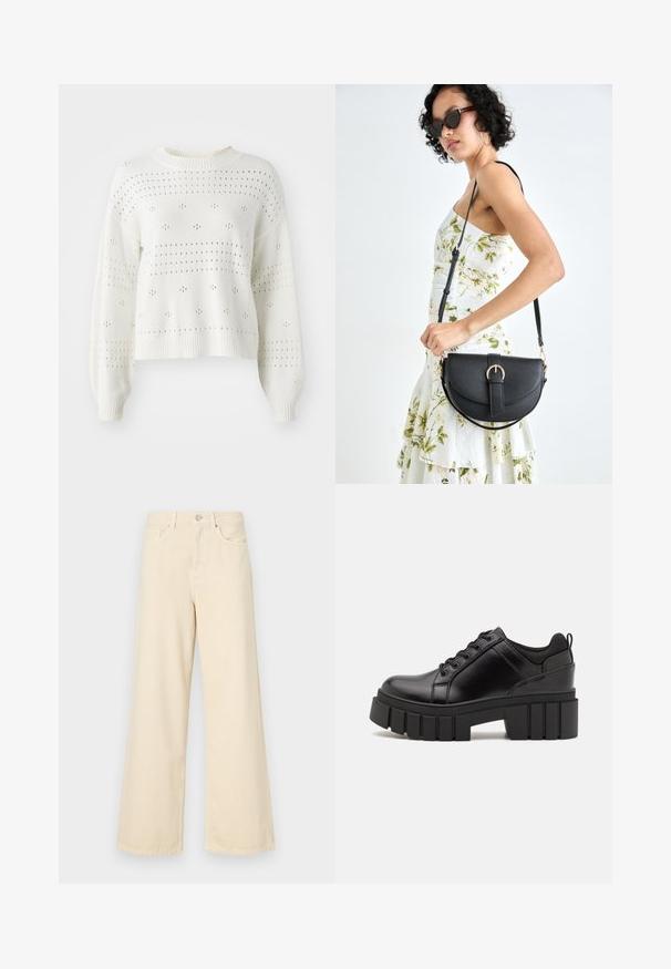Pulover alb din tricot cu mâneci balloon, având motive de dantelă cu buline și dungi. Guler și margine ribbate. Design scurt.; Blugi bej cu croi larg, din bumbac. Au închidere cu nasture, bucle pentru curea și buzunare frontale, cu o textură netedă și moale.; Pantofi cu talpă plată din piele neagră, cu toc gros, vârf rotund și design tradițional cu șireturi. Prezintă o textură netedă și detalii minime.; Geantă din piele neagră, cu o formă curbată, curea detașabilă și accesorii aurii. Geanta are un capac cu un detaliu tip cataramă.