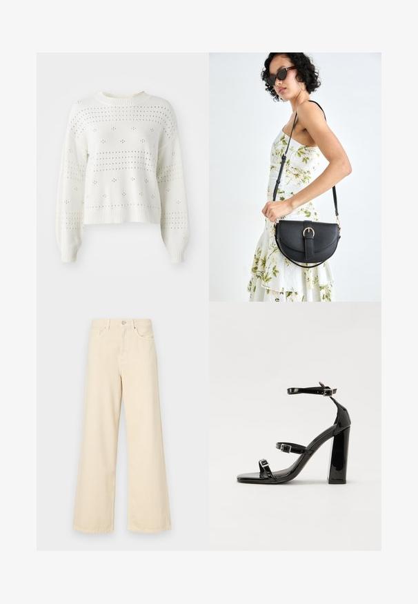 Bela pletena pulover s balonskimi rokavi, ki ima odprt vzorec v pikicah in črtah. Ribast okrogli ovratnik in rob. Skrajšana zasnova.; Bež jeans širokega kroja iz bombaža. Imajo gumbno zapiranje, zanke za pas in sprednje žepe ter gladko, mehko teksturo.; Črne lakirane sandale s peto, kvadratnim prstom, trakovi okrog gležnja in srebrnimi zaponkami. Opremljene so s stabilno Debelo peto.; Črna usnjena torbica s ukrivljeno obliko, z odstranljivo naramnico in zlatimi dodatki. Torbica ima pokrov s podrobnostmi v obliki zaponke.