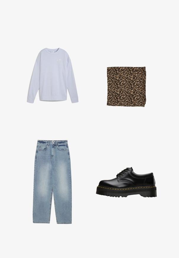 Svijetloplavi dukserica od mekog materijala, s okruglim izrezom, dugim rukavima i malim bijelim Puma logotipom sprijeda.; Svijetloplave traperice s širokim krojem, ravnim nogavicama, pet džepova i kopčanjem na gumbe u struku. Glatka tekstura.; Crne kožne cipele na vezanje s debelim, nazubljenim crnim gumenim potplatom i žutim šavovima duž ruba, s glatkom završnom obradom.; Tkanina s leopard uzorkom u bež boji s crnim točkama, glatke teksture, pravokutnog oblika i presavijena s dovršenim rubovima.