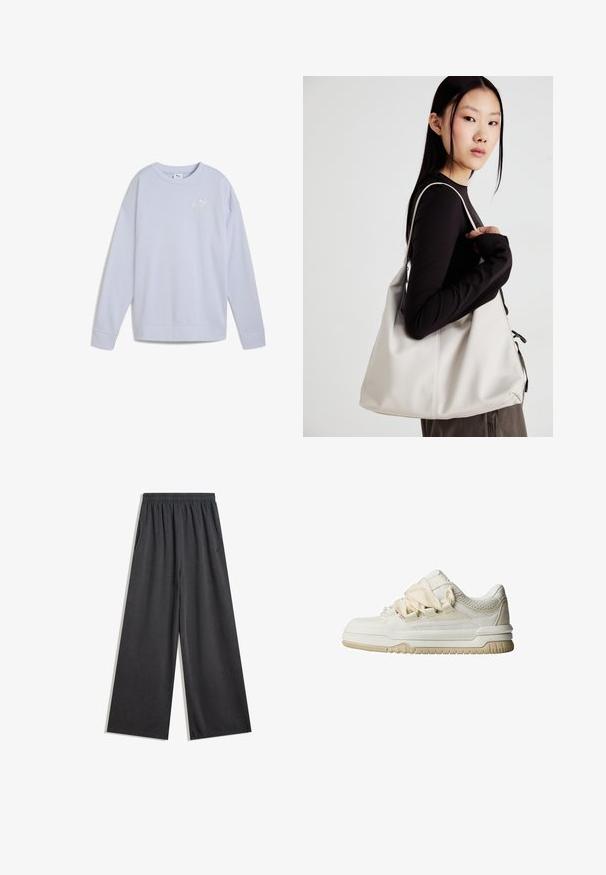 Světle modrá mikina vyrobená z měkké látky, s kulatým výstřihem, dlouhými rukávy a malým bílým logem Puma na přední straně.; Černé široké kalhoty vyrobené z měkké tkaniny, s elastickým pasem a bočními kapsami. Hladká textura bez viditelných vzorů nebo akcentů.; Nízké tenisky v barvě off-white s texturovaným svrškem, síťovinovými panely a kontrastní béžovou gumovou podrážkou. Obsahují silné tkaničky a minimální branding.; Beige kabelka vyrobená z měkkého materiálu, s volným designem, prošívanými detaily a dvěma ramenními popruhy. Vhodná pro každodenní použití.