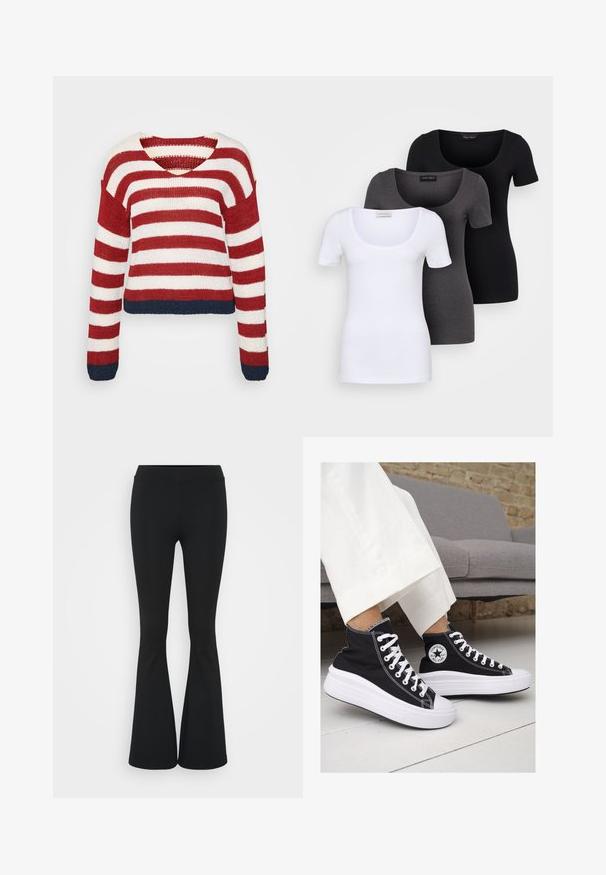 Rot-weißer gestreifter Strickpullover mit einem cropped Design und einem navyblauen Saum. Verfügt über lange Ärmel und einen weiten V-Ausschnitt.; Drei figurbetonte T-Shirts in Weiß, Grau und Schwarz. Jedes hat einen weiten Rundhalsausschnitt und kurze Ärmel. Hergestellt aus glattem, elastischem Stoff.; Schwarze, ausgestellte Hosen aus dehnbarem Material mit hohem Bund und glatter Textur. Die Hose weitet sich ab dem Knie.; Schwarze Canvas-Hochtop-Sneakers mit weißen Gummisohlen und Schnürsenkeln. Mit einem runden Logo an der Seite und kontrastierendem weißen Nähten.