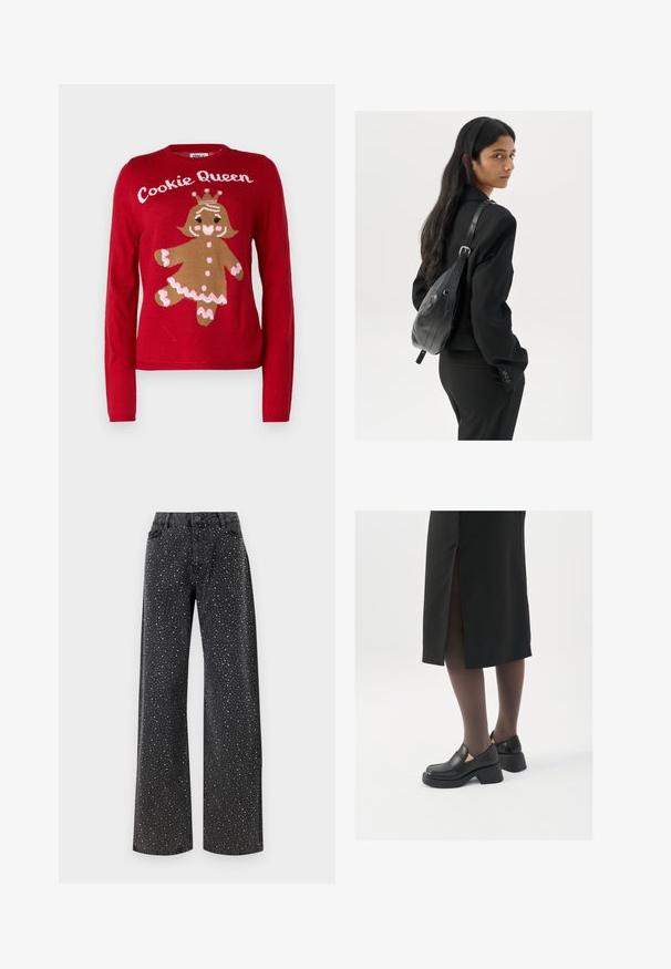 Punainen villapaita, jossa on piparkakkukeksin kuvio. Yllä teksti "Keksi kuningatar", nauhoilla koristeltuna ruskealla, vaaleanpunaisella ja valkoisella. Pyöreä kaula-aukko, pitkät hihat.; Noisy May NMJANNEL LOOSE - Relaxed fit -farkut - black denim; Mustat nahkakengät pyöreällä kärjellä, paksulla lohkopohjalla ja joustavilla sivuakkesseilla, yhdistettynä tummiin sukkahousuihin ja mustaan hameeseen, jossa on halkio.; Nainen, jolla on pitkä tumma hius, pukeutuneena mustaan pukuun, kantaa mustaa nahkatoimistolaukku ja katsoo yli olkansa valkoista taustaa vasten.; Hopehope hopeilla, joissa on minimalistinen muotoilu. Pyöreä muoto, sileä pinta ja ohut profiili. Kevyet ja kiillotetut.