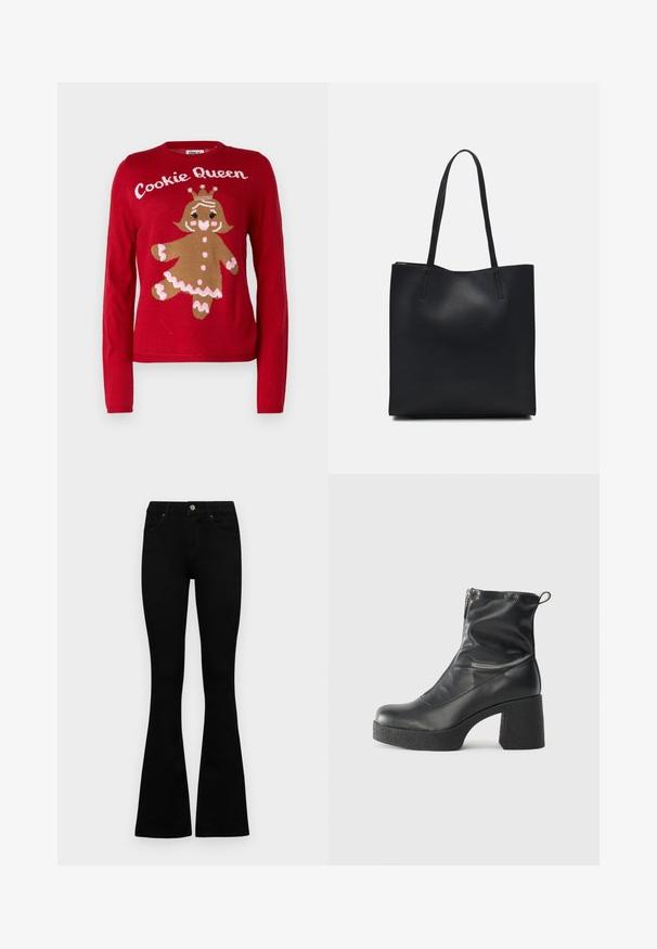 Piros pulóver, amely gyömbérsüti mintával díszített. A "Süti Királynő" felirat a minta felett, barna, rózsaszín és fehér kötött részletekkel. Kerek nyakkivágás, hosszú ujjak.; Fekete, magas derekú farmernadrág gomb- és cipzárzárral, elülső zsebekkel és harangszárral, laposan egy fehér háttérre terítve.; Fekete bokacsizmák sima bőrből, oldalsó cipzárral, vastag, texturált sarkú és lekerekített orrú dizájnnal.; Fekete bőrtáska sima felszínnel, téglalap alakú, két hosszú füllel. Nincs látható fémkiegészítő vagy díszítés.