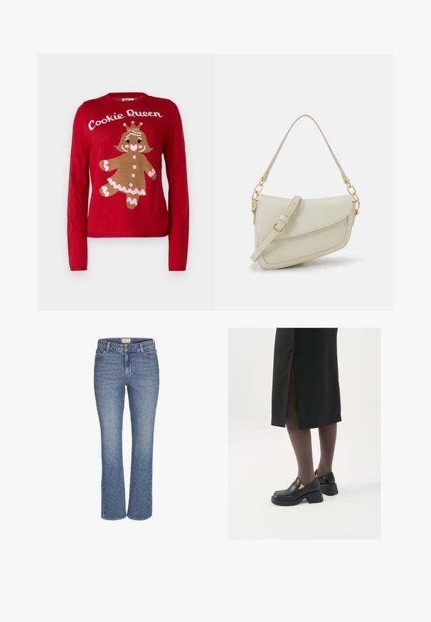 Maglione rosso con motivo di biscotto di pan di zenzero. Testo "Regina dei Biscotti" sopra, con dettagli lavorati a maglia in marrone, rosa e bianco. Collo rotondo, maniche lunghe.; Jeans in denim blu medio con gamba dritta, chiusura frontale con bottone e zip, passanti per cintura e tasche anteriori e posteriori.; Scarpe in pelle nera con punta arrotondata, tacco spesso a blocco e accenti laterali in elastico, abbinate a collant scuri e una gonna nera con uno spacco.; Piccola borsa a tracolla crema con finitura testurizzata, una lunga tracolla regolabile, un accento a catena e chiusura a patta. Dettagli in hardware dorato.