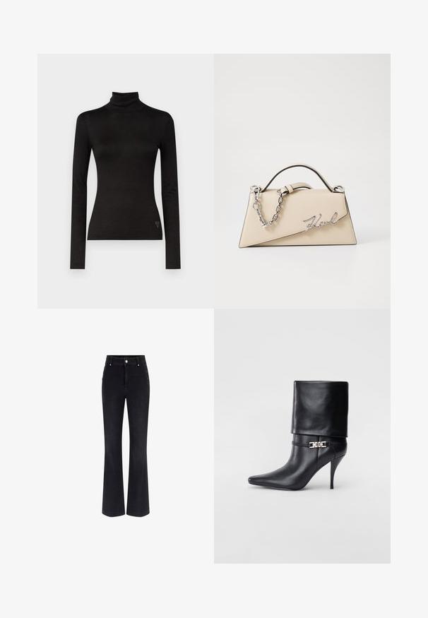 Top cu mânecă lungă și guler înalt de culoare neagră, realizat dintr-un material neted și elastic. Prezintă un design ajustat și un mic logo de accent la margine.; Jeans negre din denim, evazate, cu talie înaltă, design cu cinci buzunare și accente metalice pe laterale. Textură netedă și croială clasică.; Botine negre din piele, cu vârf ascuțit, toc înalt și subțire, cu manșetă pliată și un detaliu decorativ cu cataramă aurie la gleznă.; Geantă din piele bej, cu o formă structurată, triangulară, având un mâner din lanț argintiu și un logo cursiv din metal.