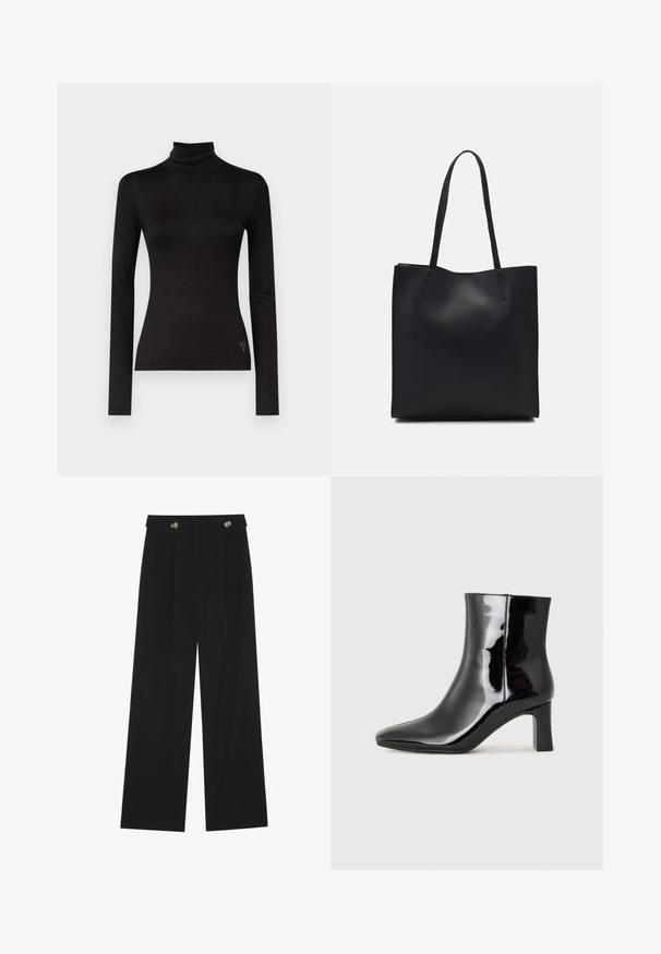 Schwarzes Rollkragenoberteil mit langen Ärmeln, hergestellt aus glattem, dehnbarem Stoff. Verfügt über ein tailliertes Design und ein kleines Akzentlogo am Saum.; Schwarze weite Hosen mit hoher Taille, Knopfdetails am Bund und vorderen Falten.; Schwarzer Lackleder-Stiefelette mit spitzer Zehe und einem mittelhohen Blockabsatz. Glatte Textur und minimalistisches Design.; Schwarze Laptoptasche aus Leder mit glatter Textur, rechteckiger Form und zwei langen Griffen. Keine sichtbaren Beschläge oder Verzierungen.