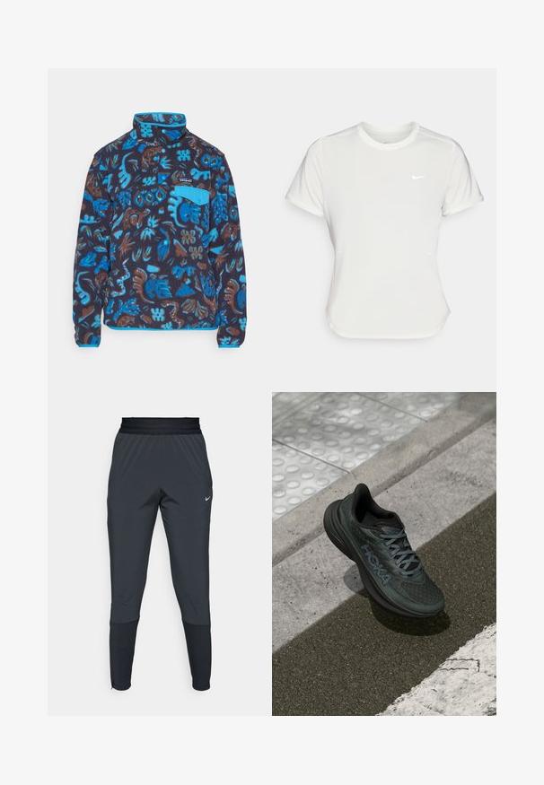 Patagonia SNAP - Fleecetröja - oceans/pitch blue; Nike T-shirt i vitt, kortärmad, rund halsringning, tillverkad av ett mjukt, lätt material. Har en diskret logotyp på bröstet.; Nike träningbyxor i mörkgrått, med en tapered ben-design, elastisk midja och accentdetaljer nära muddarna.; Svart löparskor med mesh-overtäckning, strukturerade detaljer och logotyp, med en dämpad sula och grå snören, placerade på asfalt.