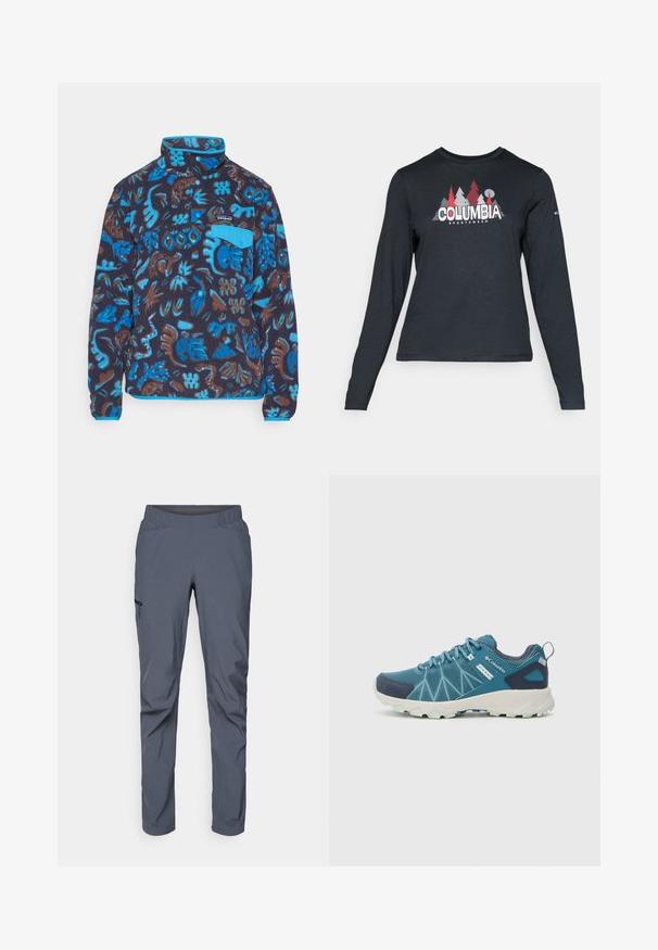 Patagonia SNAP - Pulover iz flisa - oceans/pitch blue; Majica z dolgimi rokavi temno siva z grafiko rdečih dreves in gora; logotip "COLUMBIA" v krepki beli barvi. Mehka tkanina, standarden krojen ovratnik.; Sive hlače za športne aktivnosti z elastičnim pasom, dvema sprednjima žepoma in žepom z zadrgo na strani. Gladka tekstura in zožen kroj.; Columbia PEAKFREAK™ II OUTDRY™ - Pohodniški čevlji - blue heron/skylight