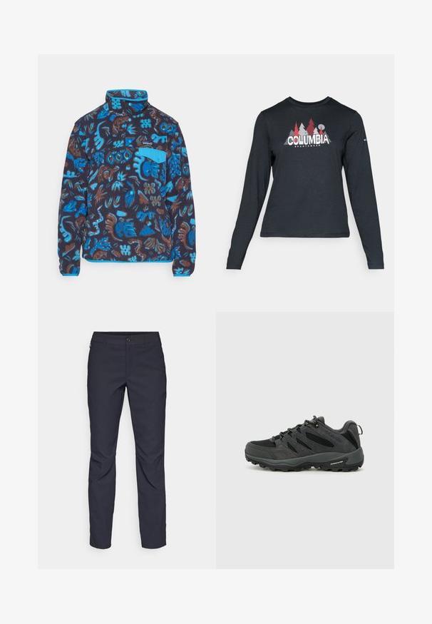 Patagonia SNAP - Polárpulóver - oceans/pitch blue; Hosszú ujjú, sötétszürke ing piros fákkal és hegyekkel díszítve; a "COLUMBIA" logó vastag fehér betűkkel. Puha anyag, klasszikus kerek nyakkivágás.; Sötétkék nadrág sima anyagból, elülső gombos záródással, slim-fit fazonnal és gyűrött részletekkel a térdeken.; Columbia REDMOND - Túracipők - black/citron haze