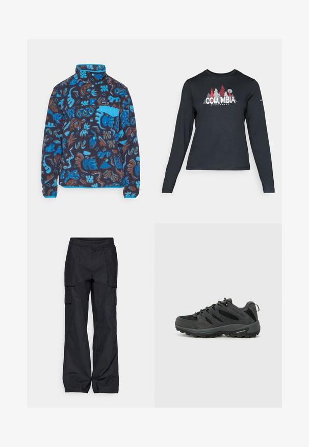 Patagonia SNAP - Fleece jumper - oceans/pitch blue; Long-sleeve dark gray shirt with a graphic of red trees and mountains; "COLUMBIA" logo in bold white text. Soft fabric, standard crew neck.; Columbia BREA FALLS™ COTTON RIPSTOP PANT - Outdoor trousers - black; Columbia REDMOND - Hiking shoes - black/citron haze