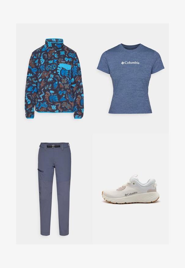 Patagonia SNAP - Fleecegenser - oceans/pitch blue; Blå kortermet t-skjorte laget av teksturert stoff, med en hvit Columbia-logo på brystet, rund hals og tettsittende design.; Lette, marineblå bukser med et slitesterkt materiale, som har belte, sidelommer med glidelås og forsterkede nedre sektioner.; Lettvekts Columbia treningssko i hvit mesh med en teksturert grå såle og gummitraction. Har en polstret krage og snøring.