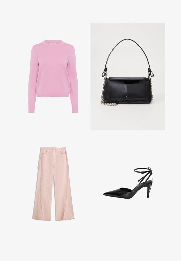 Svijetlopinkasti pleteni pulover s okruglim izrezom, dugim rukavima i rebrastim manžetama i rubom. Ima glatku teksturu i klasičan kroj.; Svijetlo ružičaste traperice širokih nogavica s teksturiranim završetkom, rubom s resicama i dizajnom od pet džepova. Imaju zakopčavanje na gumb i petlje za remen.; Crne cipele s visokom potpeticom i špicastim vrhom, s izrezbarenom konstrukcijom i podesivom kaišicom oko gležnja. Cipele imaju glatku, sjajnu površinu i vitku potpeticu.; Crna patentna kožna torba pravokutnog oblika, s lancem za nošenje i karakterističnim metalnim detaljem u središtu. Glatka tekstura.