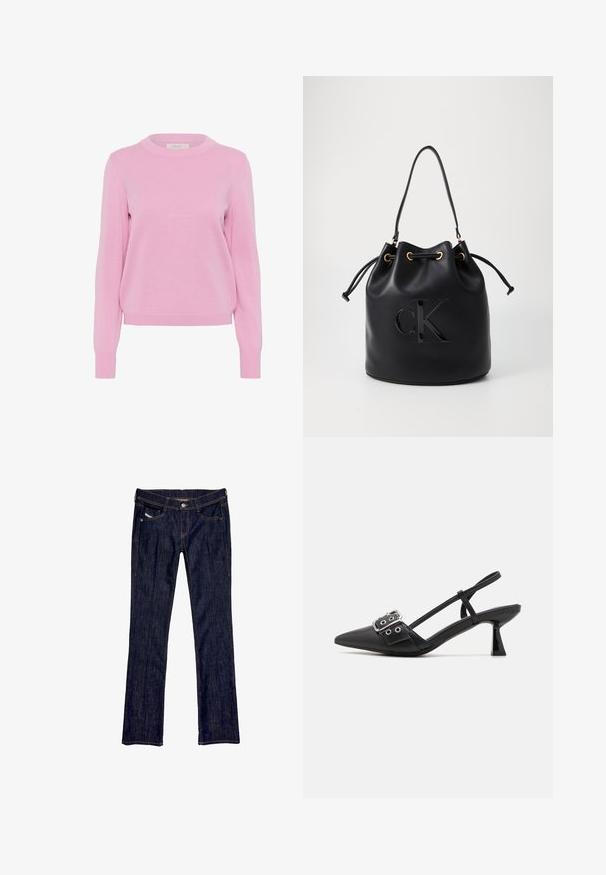 Hellrosa Strickpullover mit Rundhalsausschnitt, langen Ärmeln und gerippten Bündchen und Saum. Verfügt über eine glatte Textur und eine klassische Passform.; Dunkelblaue Denim-Jeans mit geradem Bein, ausgestattet mit einer vorderen Knopfverschluss, fünf Taschen und sichtbaren Nähten entlang der Nähte.; Simmi London DALA - Pumps - black; Schwarze Leder-Eimer-Tasche mit Kordelzugverschluss, ausgestattet mit einem glänzenden "CK"-Logo auf der Vorderseite und goldfarbenen Hardware-Akzenten.