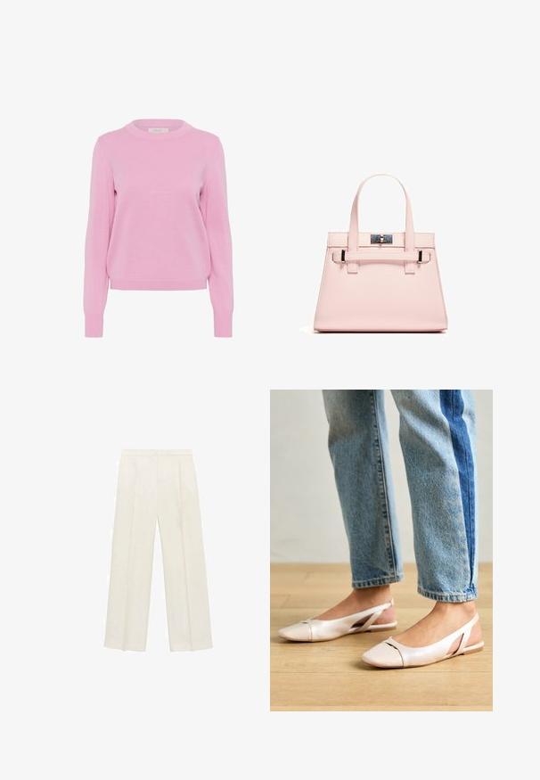 Pulover tricotat roz deschis, cu guler rotund, mâneci lungi și manșete și tiv cu elastic. Prezintă o textură netedă și o croială clasică.; Pantaloni cu picioare largi, de culoare crem deschis. Realizați dintr-un material neted, cu plisuri în față și buzunare laterale.; Sandalete plate de un roz pal cu vârf ascuțit, realizate dintr-un material asemănător pielii, neted. Prezintă detalii decupate pe laterale și un toc plat.; Geantă structurată roz, confecționată din piele texturată, cu două mânere superioare, închidere cu clip și accente metalice contrastante.
