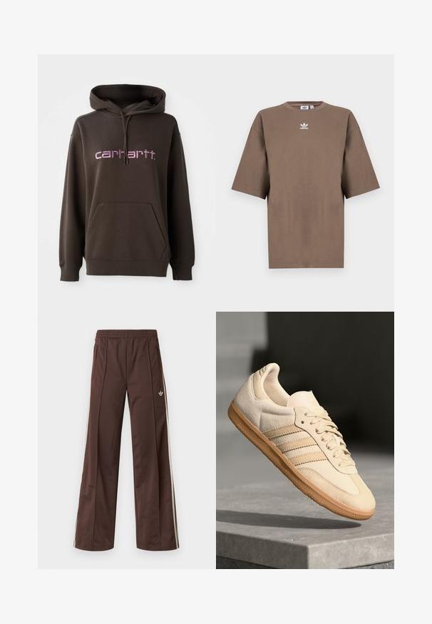 Brown hooded sweatshirt with a front kangaroo pocket, featuring pink lettering of the brand "carhartt." Made from soft fabric, textured finish.; Brown cotton t-shirt with short sleeves, round neck, and white Adidas logo centered at the chest, featuring a plain design and relaxed fit.; Brown athletic pants with a wide-leg design, white side stripes, an elastic waistband, and two side pockets. Features small logo on the leg.; Light beige suede sneaker with gum outsole, three diagonal stripes, and a textured toe cap. Features logo on the tongue and side.