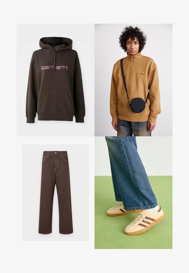 Felpa con cappuccio marrone e tasca a marsupio sul davanti, con lettering rosa del marchio "carhartt". Realizzata in tessuto morbido, con finitura texture.; Pantaloni in denim marrone a gamba larga con cuciture a contrasto, cinque tasche e chiusura con bottone metallico. Texture liscia, taglio dritto.; Sneakers beige con pannelli texturizzati crema e strisce marroni, abbinati a jeans in denim blu. I jeans hanno un taglio largo e orlo sfilacciato.; Felpa in pile marrone con zip a quarto e logo ricamato, abbinata a una borsa a tracolla rotonda nera con zip e dettagli del logo, indossata sopra dei jeans.