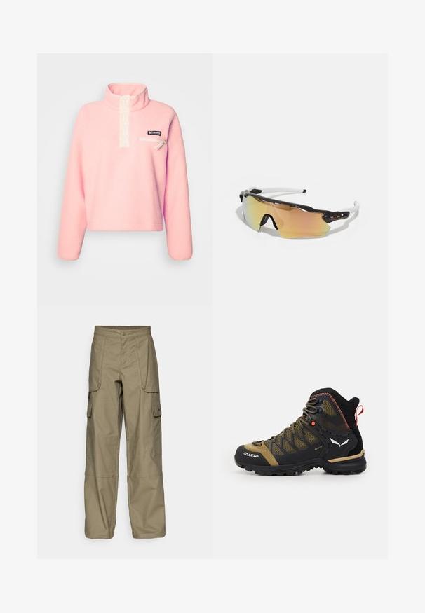 Svetlo roza flis pulover z visokim ovratnikom, gumbi in žepom na prsih z zadrgo. Ima črno oznako Columbia.; Cargo hlače v olivno zeleni tkanini, z ohlapnim krojem, več stranskimi žepi in gumbom za zapiranje v pasu. Gladka tekstura.; Pohodne čevlje srednje višine v črni in olivno zeleni barvi, z mrežastim zgornjim delom, gumijastim podplatom in teksturiranimi detajli ter zanko na zadnjem delu.; Sončne očala z okvirjem v črno-belih tonih, velikimi zrcalnimi lečami v zlatih in rožnatih odtenkih, aerodinamično zasnovo in podaljšanim zunanjim robom.