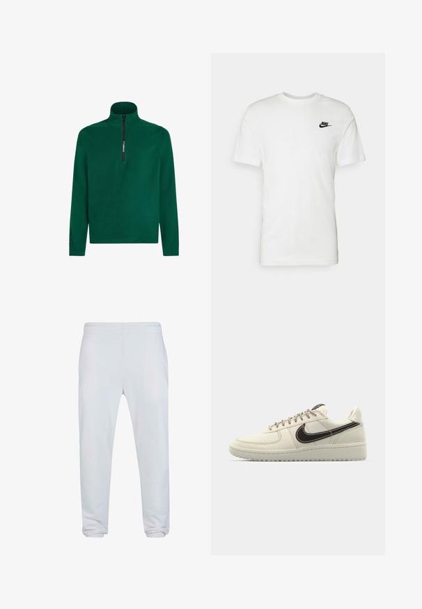 Roheline fliispullover kõrge lukuga kaelakaelusega. Omab musta lukku ja musta "Polartec" logo varrukal. Pehme tekstuur.; Valge puuvillane T-särk lühikeste varrukatega, ümar kaelus ja must Nike logo vasakul rinnapiiril. Sile tekstuur ja klassikaline lõige.; Valged treeningpüksid, millel on elastne vöökoht, küljetaskud, kitsenevad jalad ja ribatud pahkluud, mis tagavad mugava istuvuse. Sile puuvilla ja sünteetilise kiudude segu materjal.; Beige nahkkingad valge kummist talla, tumepruuni Swooshi, tikitud detailide ja hallide paeltega.