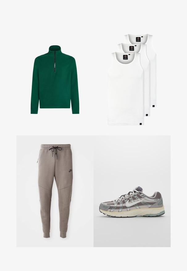 Sudadera de forro polar verde con un cuello alto con cremallera. Presenta una cremallera negra y un logo negro de "Polartec" en la manga. Textura suave.; Tres camisetas sin mangas de algodón de color blanco con canalé. Cuentan con cuello redondo y pequeñas etiquetas negras cerca del dobladillo. Disponibles en múltiples tamaños.; Pantalones de chándal grises de Nike con cintura ajustable, piernas ajustadas, bolsillos laterales y costuras distintivas. Tejido suave y texturizado.; Zapatilla deportiva gris con parte superior de malla y ante, acentos blancos, suela acolchada y un diseño distintivo con elementos reflectantes.