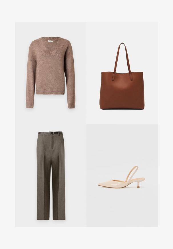 Brown knitted sweater with a V-neck, long sleeves, ribbed cuffs, and hem. Material appears soft with a slightly textured finish.; Brown tailored trousers with a straight cut, featuring a smooth texture, belt loops, and a flat front design.; Beige patent leather slingback heels with pointed toe and a slim, square heel. Smooth texture and minimalist design with no embellishments.; Brown leather tote bag with a smooth texture, open top design, and two shoulder straps. Features minimal stitching and no visible hardware.