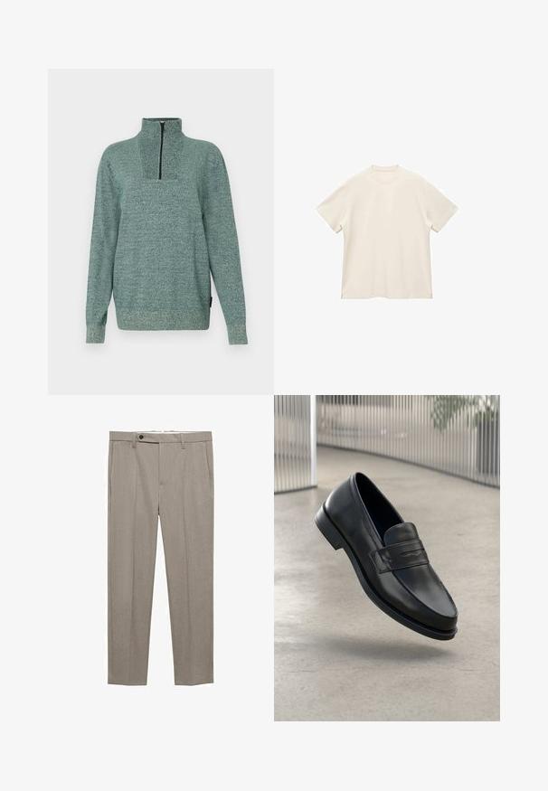 Pitkähihainen neulepusero, jossa on teksturoitu vihreä kangas ja neljännesvetoketju korkeassa kauluksessa, esillä yksinkertaisella taustalla.; T-paita lyhyillä hihoilla, pyöreällä kaula-aukolla, pehmeästä off-white kankaasta, jossa on sileä pinta ja sivuhalkiot rentoa istuvuutta varten.; Beige-harmaanit, joissa on sileä rakenne, suora istuvuus ja yksi nappisulku edessä. Varustettu sivutaskuilla ja siistillä helman viimeistelyllä.; Mustat nahkaiset loaferit, joissa on sileä pinta, kärjekäs kärki ja koristeellinen remmi jalkapöydän yli. Kevyt pohja, minimalistinen muotoilu.