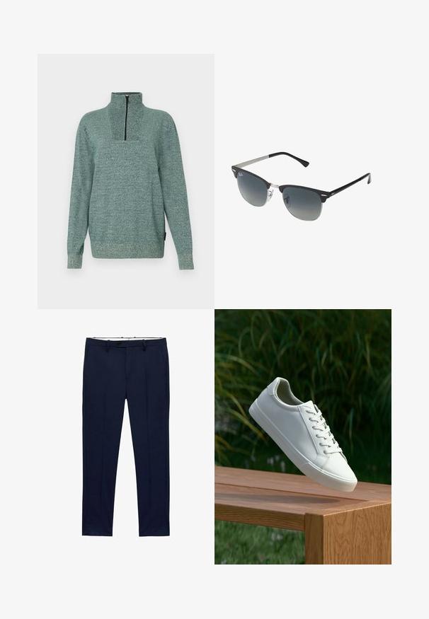 Pulover s dolgimi rokavi iz pletene tkanine z teksturirano zeleno barvo in četrtim zadrgo na visokem ovratniku, prikazan na enostavni podlagi.; Temno modri hlače s ožjim krojem in vzorcem črt. Zasnovane so z zadrgo, pasnimi zankami in sprednjimi žepi. Gladek teksturiran material.; Beli vezani športni čevlji, ki lebde nad leseno klopjo z zelenim rastlinjem v ozadju, prikazujejo obliko in teksturo čevlja.; Črne in srebrne sončna očala v obliki mačjih oči, z gradientnimi lečami in kovinskimi dodatki na okvirju. Plastične ročke s sivimi konicami.