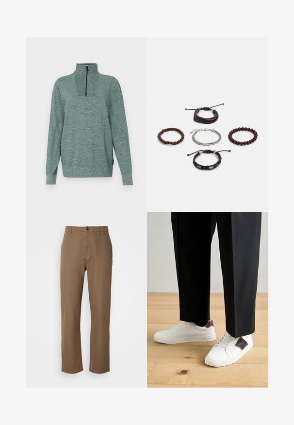 Langermet strikkegenser med teksturert grønn stoff og kvart glidelås ved den høye kragen, vist på en enkel bakgrunn.; Brune, bomullsbukser med rett passform, knappeåpning og sidelommer. Har en glatt tekstur og et enkelt, uforstyrret design.; Hvite sneakers med glatt tekstur, med brune skinnakenter og svart detaljer, parret med svarte skreddersydde bukser. Bakgrunn med tregulv.; Sett med fem armbånd som inkluderer brunt lær, treperler og en sølvkjede; ulike teksturer og former, med justerbare lukkinger.