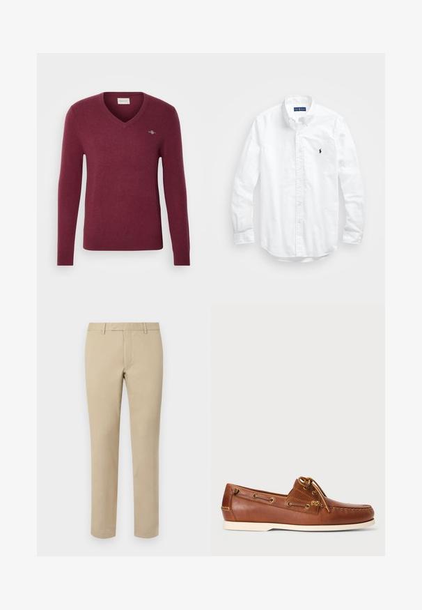 Bordeaux színű V-nyakú pulóver hosszú ujjakkal, kötött textúrával, keskeny fit-tel és kis logóval a bal mellen. Puha anyag és bordás mandzsetták.; Fehér, hosszú ujjú, gombos férfiing pamutból. Klasszikus gallérral, gombos mandzsettával és egy kis sötétkék hímzett logóval a mellrészen.; Beige vászon nadrág egyenes szabással, övhurkokkal, lapos elülső résszel és kifinomult szegésekkel. Simább textúra és minimális részletezés.; Barna bőr csónakcipő, fűzéssel, arany szemekkel és krémszínű gumitalppal. Emelt varrásmintázattal a lábujjnál.